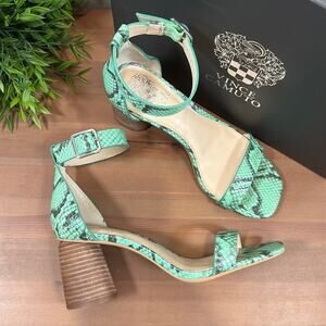 Vince Camuto Mejorla Leather Two Piece Green Snake Heeled Sandals Wide Width